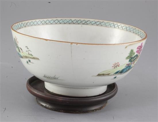 A Chinese famille rose landscape bowl, Qianlong period, diameter 20.2cm, rim crack